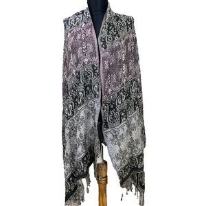 Chico's Wrap Shawl Stole Cardigan beaded black purple Fringed Hem approx26”x81”